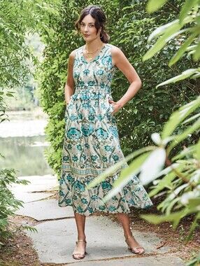Nwt $268 Spartina 449 Justine Midi Dress Mystic Moss Stencil Blue Xxs